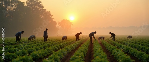 Farm workers harvesting crops in green fields at sunrise with misty background. Early morning rural landscape with trees and fog. Agriculture and farming concept.