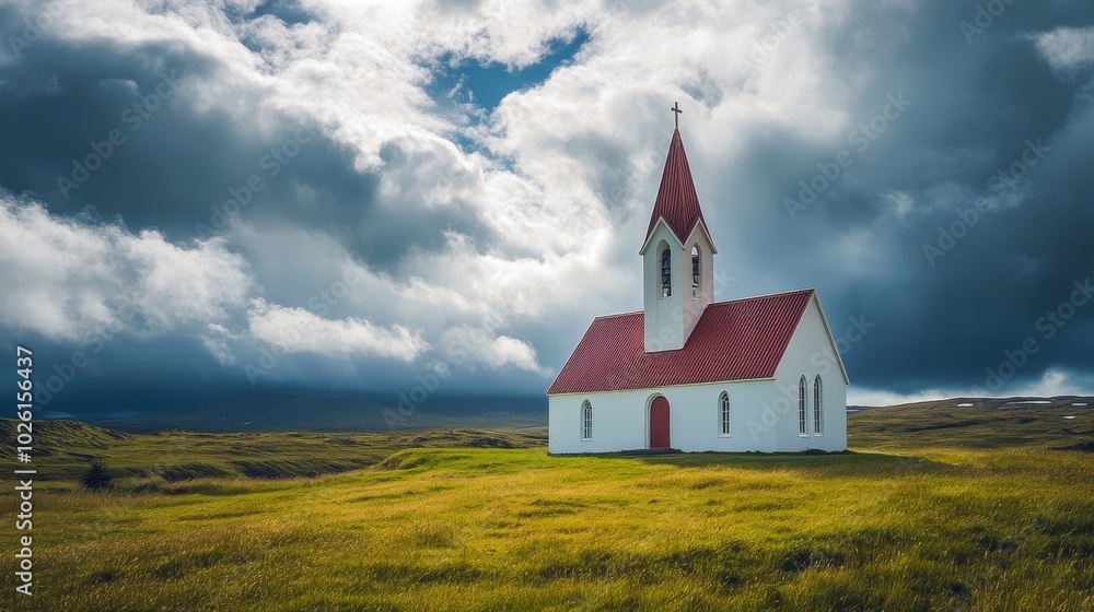 A serene church stands alone in a beautiful green field under dramatic clouds. Nature and architecture blend in peaceful harmony. A serene church stands alone in a beautiful green field under dramatic clouds. Nature and architecture blend in peaceful harmony.