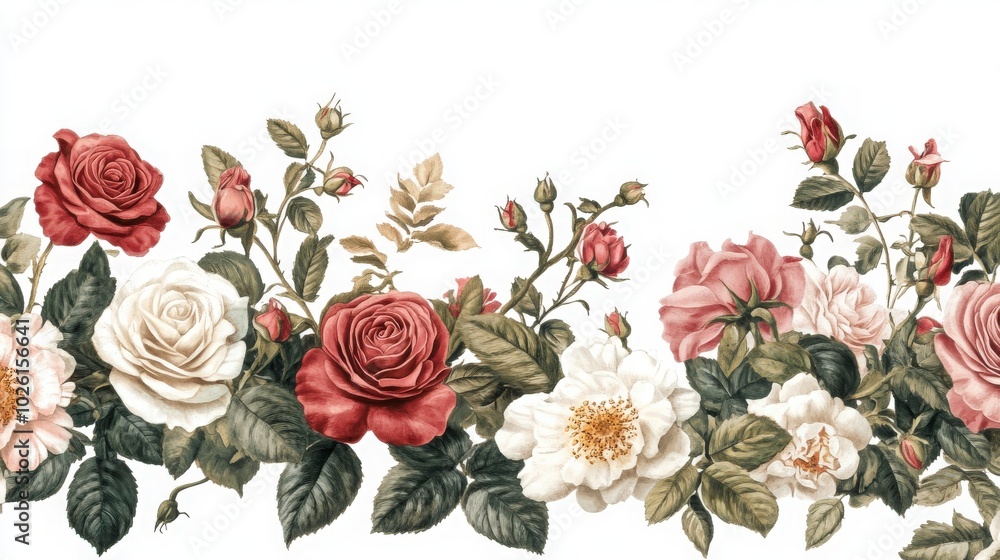 Sophisticated floral border with pink, red, and white roses. The intricate rose designs and rich colors add a touch of elegance and beauty Sophisticated floral border with pink, red, and white roses. The intricate rose designs and rich colors add a touch of elegance and beauty