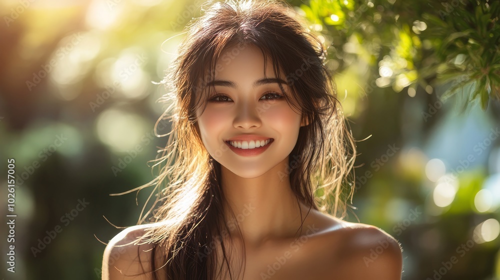 A young woman with long dark hair smiles brightly in the sun. Her skin is glowing and she looks happy and carefree. A young woman with long dark hair smiles brightly in the sun. Her skin is glowing and she looks happy and carefree.