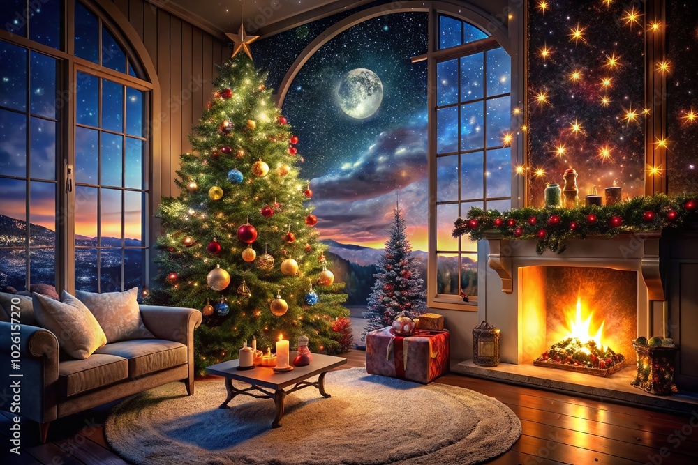 Surreal Christmas Tree by Fireplace with Dreamlike Elements and Magical Glow Surreal Christmas Tree by Fireplace with Dreamlike Elements and Magical Glow