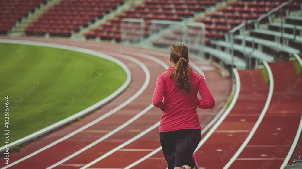 Fototapeta premium Woman running on a track, stadium seats empty, determination on her face