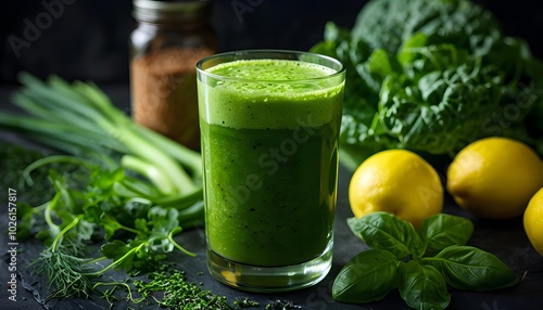 Refreshing green smoothie with fresh vegetables and lemons on dark background, health promotion