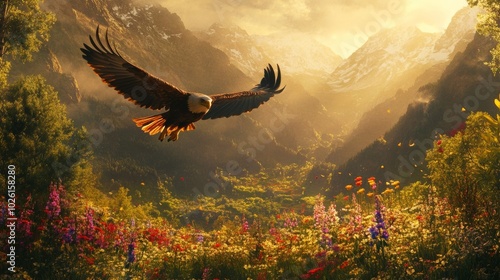 Majestic eagle soaring over vibrant flowers and mountains in a stunning sunset landscape