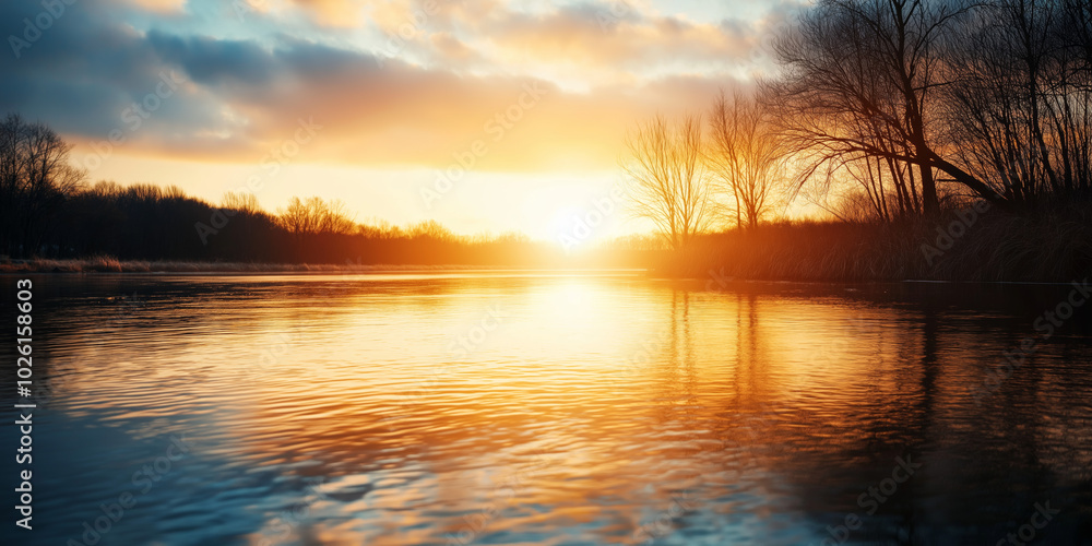 Obraz premium Golden Light over Winter River at Twilight – Sharp and Painterly