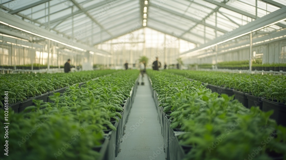 A greenhouse filled with plants and people working in it A greenhouse filled with plants and people working in it