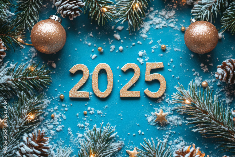 Blue background with gold number 2025 and bunch of Christmas decorations. New Year card Blue background with gold number 2025 and bunch of Christmas decorations. New Year card