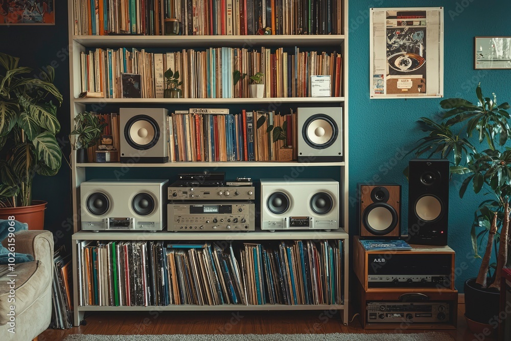 Obraz premium Books, Records, and Stereo Equipment on a Shelf