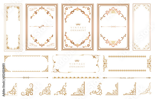 Antique gold picture borders or deco divider. Retro ornamental frame, vintage rectangle ornaments and ornate border. Decorative wedding frames. Isolated icons vector set..eps