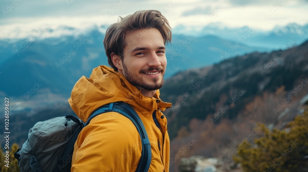 Handsome man enjoying a scenic mountain hike, taking in the view with a contented smile Handsome man enjoying a scenic mountain hike, taking in the view with a contented smile