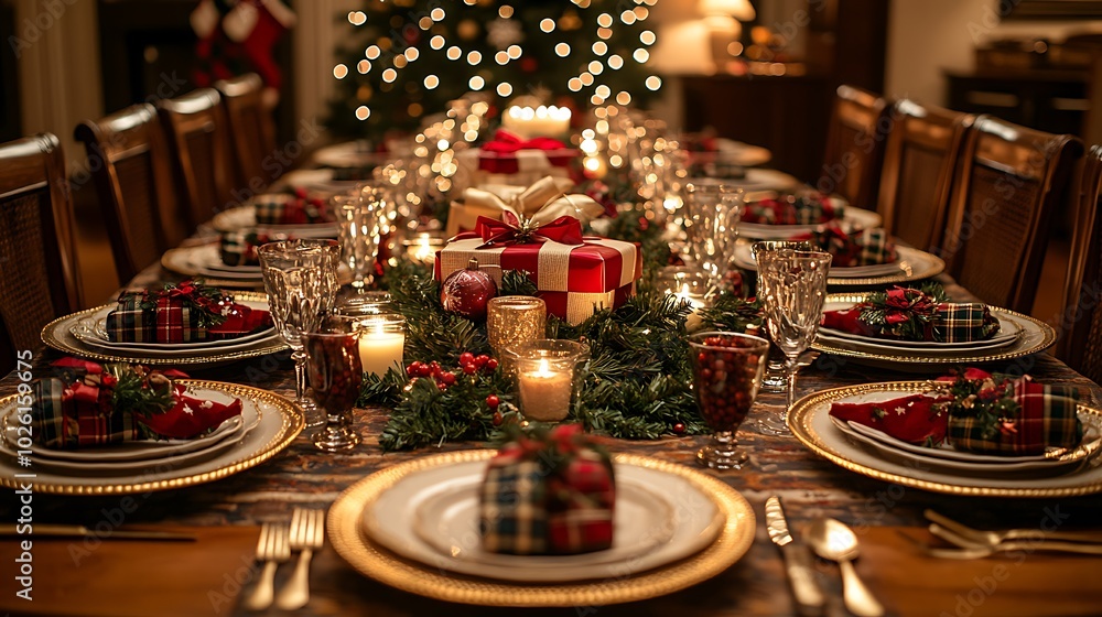 Fototapeta premium Festive Christmas Dining Table Set for Celebration