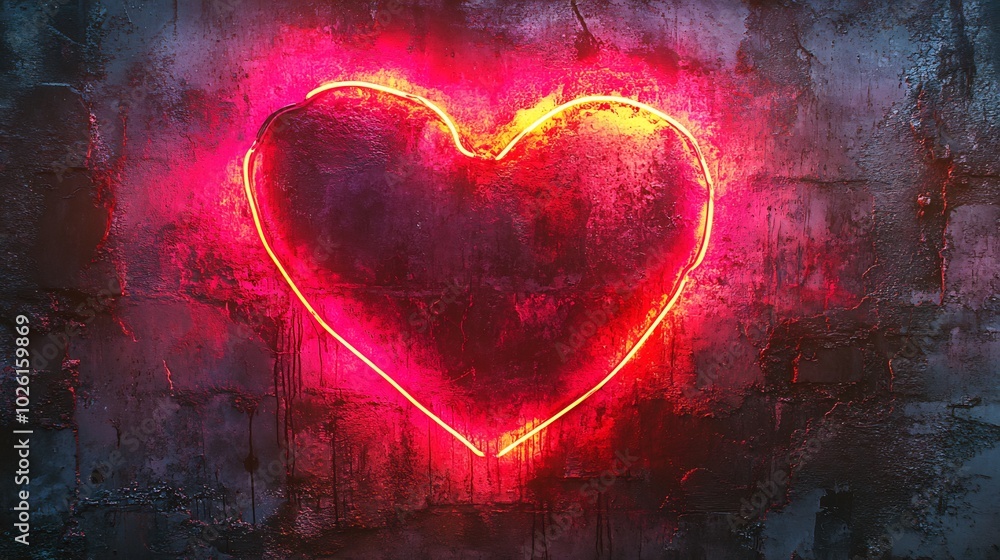 Glowing neon heart frame vivid red and pink casting light on a rough concrete wall A stylish and minimalist Happy Valentine's Day template with a modern twist Glowing neon heart frame vivid red and pink casting light on a rough concrete wall A stylish and minimalist Happy Valentine's Day template with a modern twist