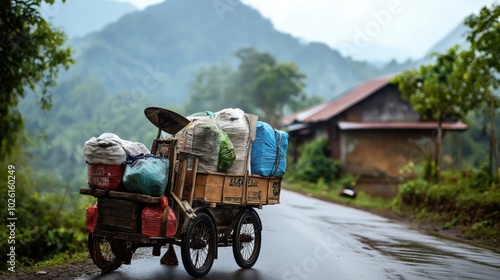 Wooden cart loaded with colorful sacks on a wet rural road with mountainous background and trees