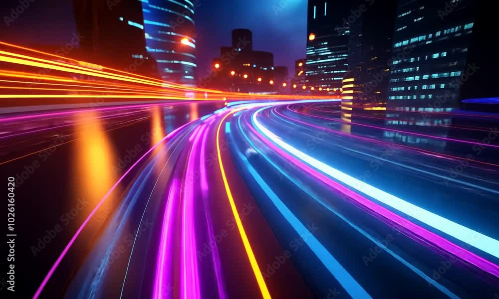 Abstract city lights trails in colorful streaks on a curved road at night. Abstract city lights trails in colorful streaks on a curved road at night.