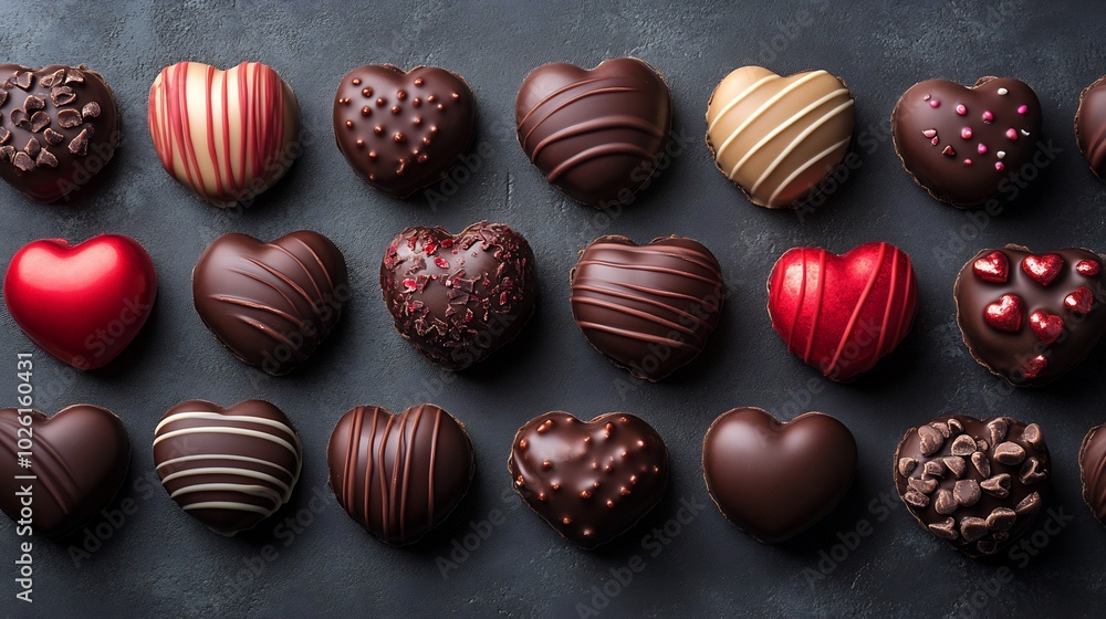 Overhead shot of Saint Valentines background with rich red hearts and luxurious chocolate candies arranged elegantly on a soft romantic backdrop Ideal for a heartfelt message Overhead shot of Saint Valentines background with rich red hearts and luxurious chocolate candies arranged elegantly on a soft romantic backdrop Ideal for a heartfelt message