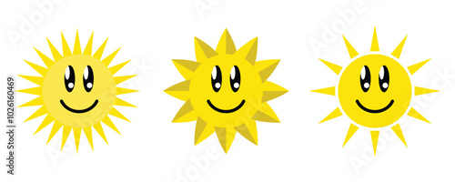 Set of cute sun emoji with smiling face, sunshine emoji, sun mascot emoticon on sunny weather. Sun vector iillustration