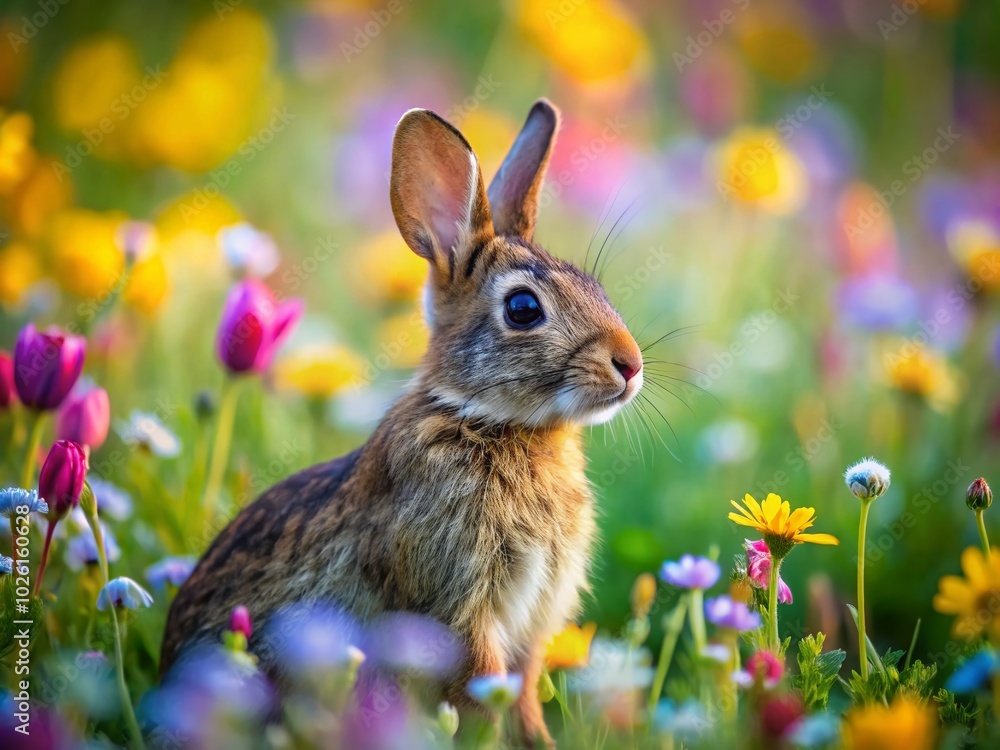 Fototapeta premium Tilt-Shift Cottontail Rabbit in a Lush Meadow - Nature Photography