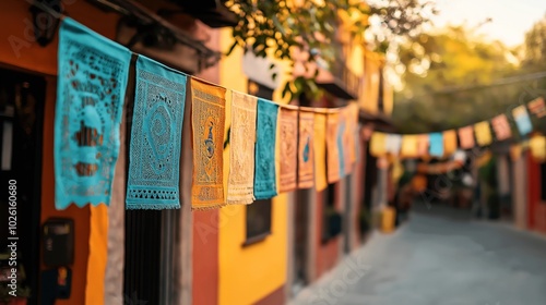 Colorful papel picado banners hanging across a narrow street lined with vibrant buildings, creating a festive atmosphere in the afternoon sunlight.