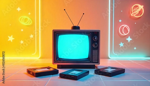 Retro Television with Glowing Neon Planets and Three Vintage Tapes Depicting Nostalgic Vibes