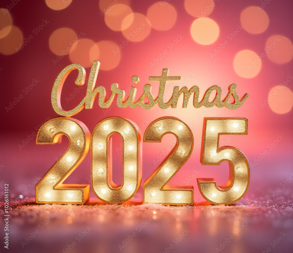A vibrant festive background features a prominent display of 'Christmas 2025' in elegant light pink and gold hues._00001_