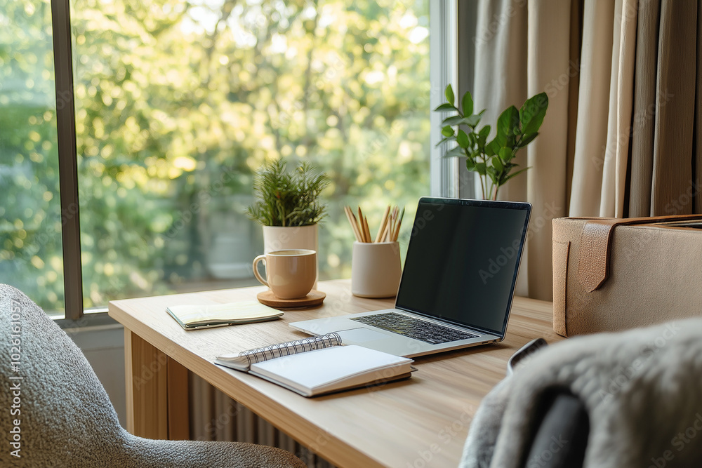 Minimalist home office designed for focus, featuring a wooden desk with an open notebook, coffee cup, and laptop. Neutral tones and a large window with nature view create a calm atmosphere. Minimalist home office designed for focus, featuring a wooden desk with an open notebook, coffee cup, and laptop. Neutral tones and a large window with nature view create a calm atmosphere.