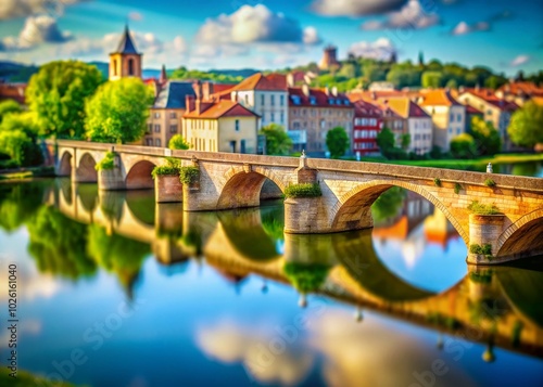 Tilt-Shift Photography of Roanne Bridge over Loire River, Capturing Scenic Beauty and Architectural Elegance