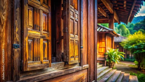 Tilt-Shift Photography of Traditional Thai Wooden Window and Door in Ancient Village Setting