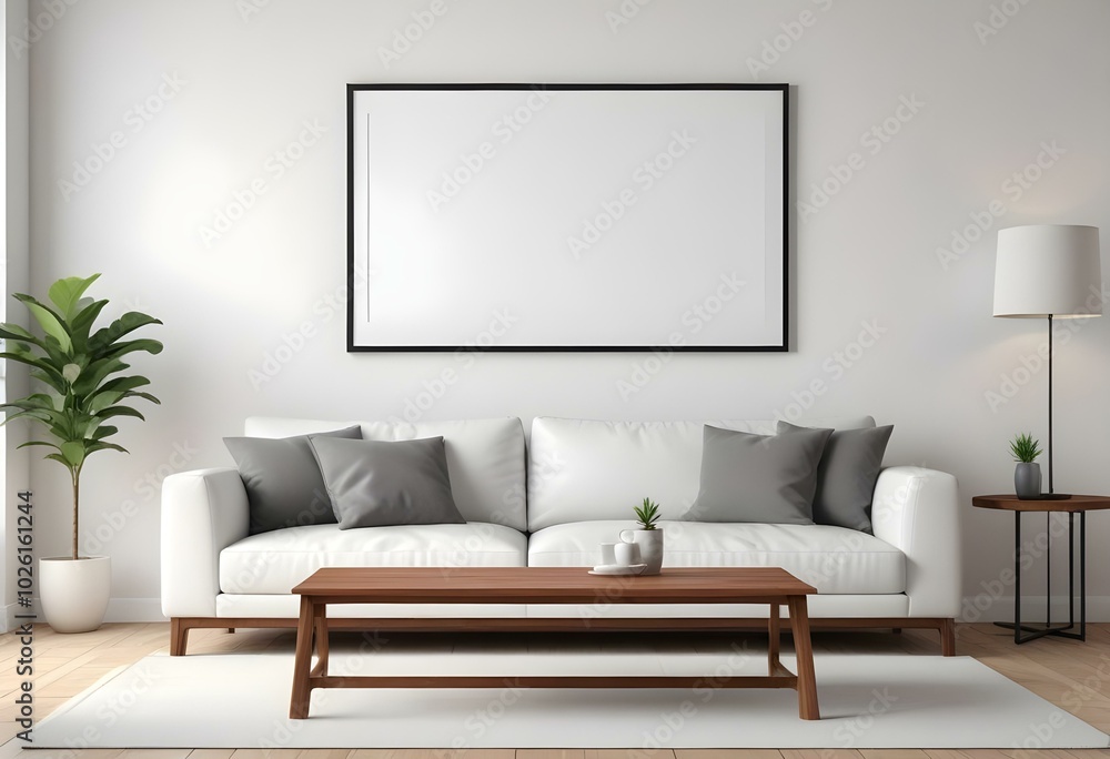 Fototapeta premium A modern, minimalist living room with a white sofa, wooden coffee table, and a blank wall with a frame.