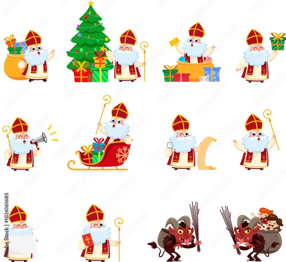Cute Saint Nicholas And Krampus Cartoon Characters. Vector Flat Design Collection Set Isolated On Transparent Background Cute Saint Nicholas And Krampus Cartoon Characters. Vector Flat Design Collection Set Isolated On Transparent Background