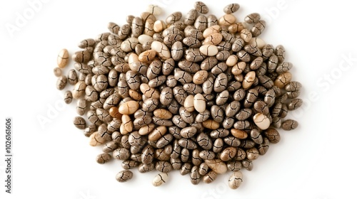 Close-up view of a heap of brown beans with distinctive black cracks on their surface, isolated on a white background.