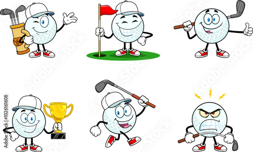 Cute Golf Ball Cartoon Mascot Character. Vector Hand Drawn Collection Set Isolated On Transparent Background