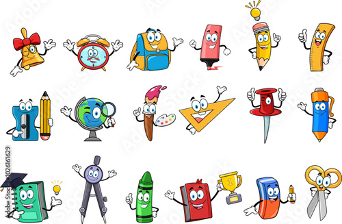 School Supplies Cartoon Characters. Vector Hand Drawn Collection Set Isolated On Transparent Background