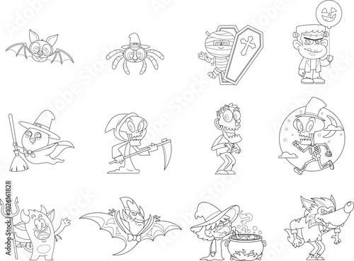 Outlined Halloween Funny Cartoon Characters. Vector Hand Drawn Collection Set Isolated On Transparent Background