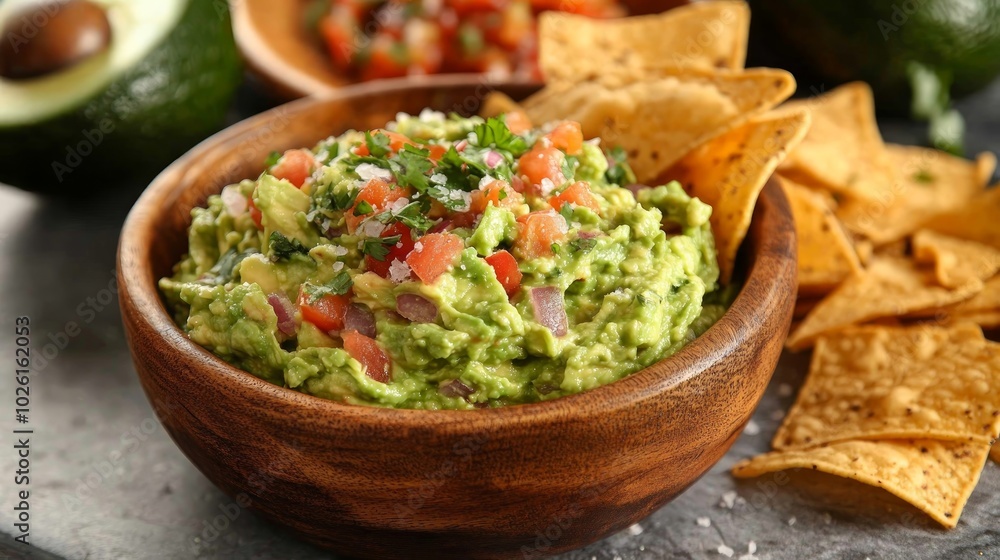 Bowl of guacamole with tortilla chips, pico de gallo and avocado. Bowl of guacamole with tortilla chips, pico de gallo and avocado.