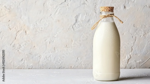 Fresh Milk in a Glass Bottle with Rustic Cork Lid photo