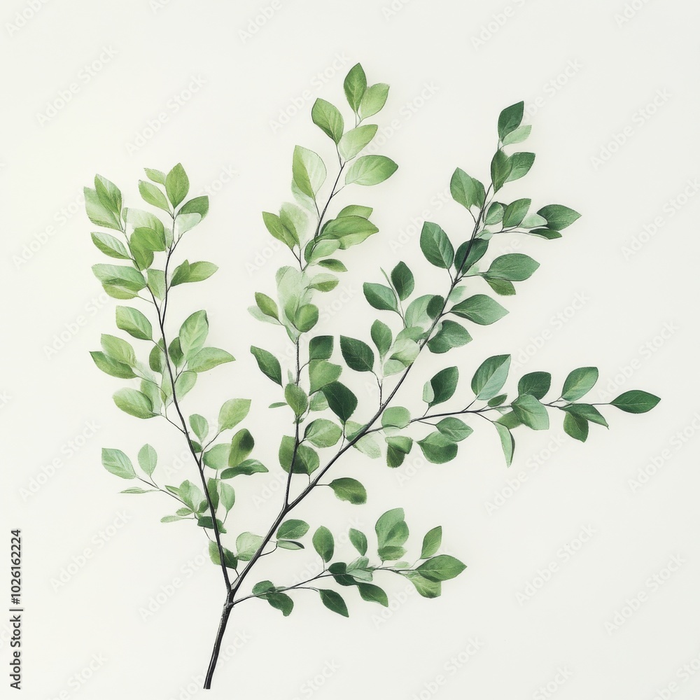 A branch of foliage on a clean, pure white background with light tones and lush green foliage A branch of foliage on a clean, pure white background with light tones and lush green foliage