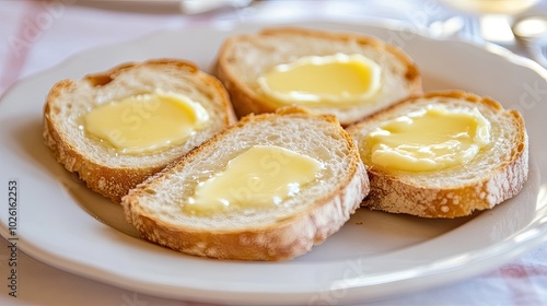 Fresh Bread Slices with Butter on a White Plate