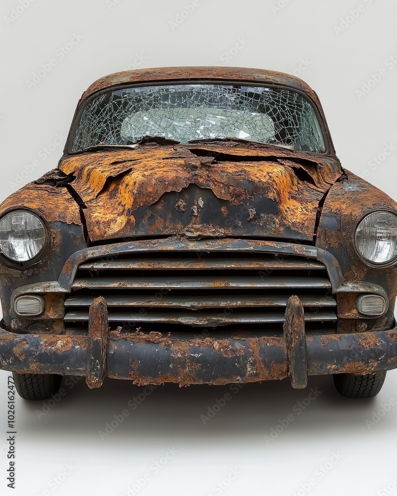A broken car grille with parts missing, isolated on white background. A broken car grille with parts missing, isolated on white background.