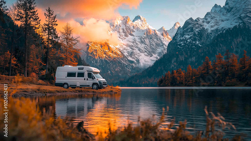 Serene Landscape Featuring a Camper Van Parked Beside a Tranquil Lake at Sunset, Mountainous Background
