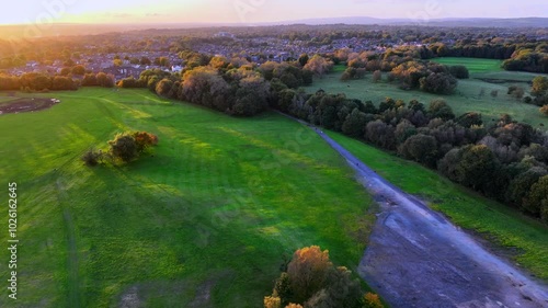 Aerial video of a sunset at Heaton Park, Prestwich - Greater Manchester.  photo