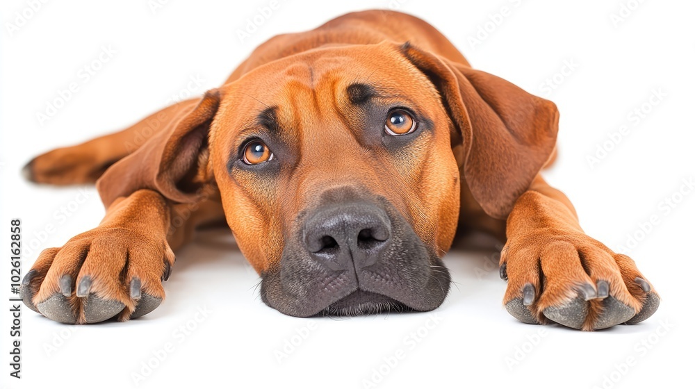 Obraz premium Relaxed Dog Lying on White Background