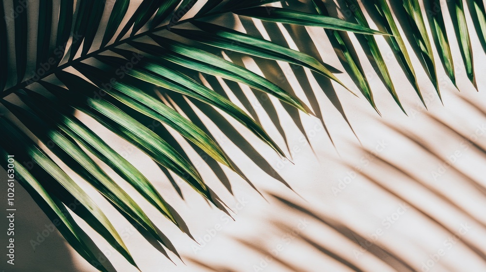 Fototapeta premium A close-up of tropical leaves with soft light and shadows, forming a vibrant leaf background with natural textures.
