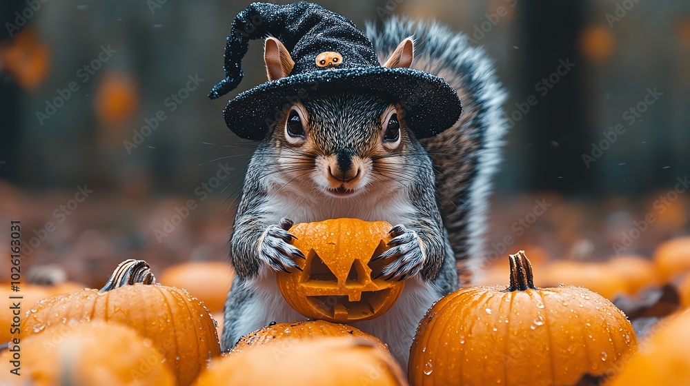 A cute squirrel wearing a witch hat holds a jack-o'-lantern surrounded by pumpkins. A cute squirrel wearing a witch hat holds a jack-o'-lantern surrounded by pumpkins.