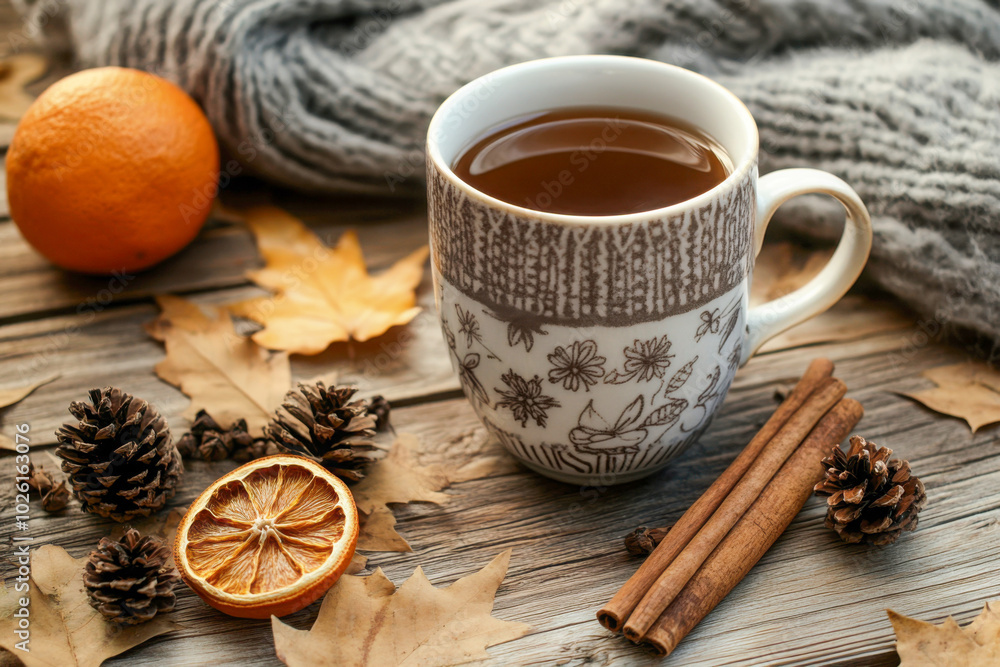 Cup of tea with cinnamon sticks, dried orange slices, pinecones, and autumn leaves on a rustic wooden table Cup of tea with cinnamon sticks, dried orange slices, pinecones, and autumn leaves on a rustic wooden table
