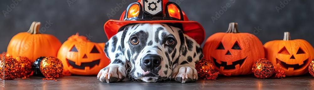 Dalmatian dog wearing a firefighter hat with pumpkins around it. Dalmatian dog wearing a firefighter hat with pumpkins around it.