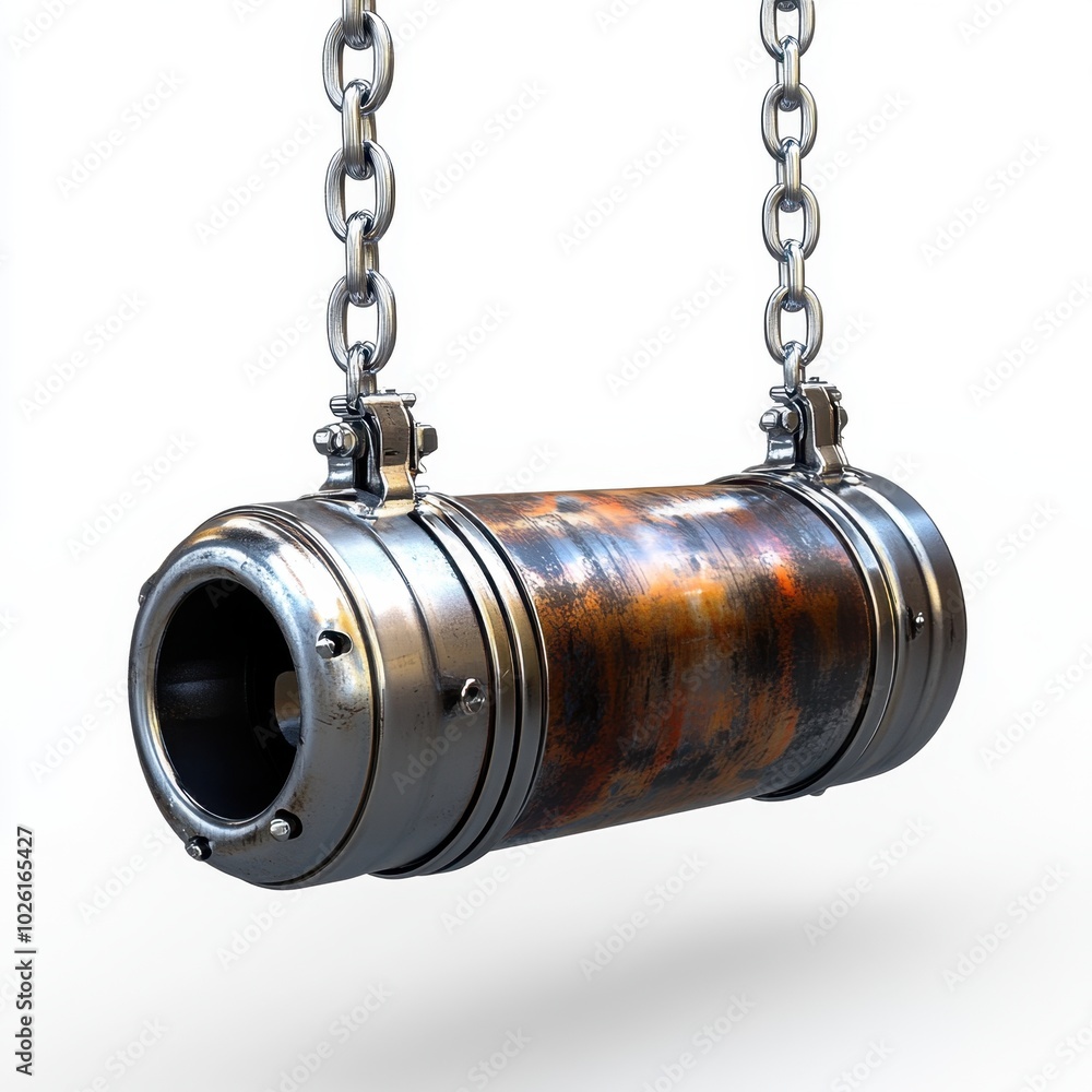 A car muffler hanging by a thread, isolated on white background. A car muffler hanging by a thread, isolated on white background.