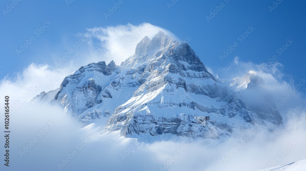 Obraz premium Majestic Snow-Covered Mountain Peak Emerges Through Clouds