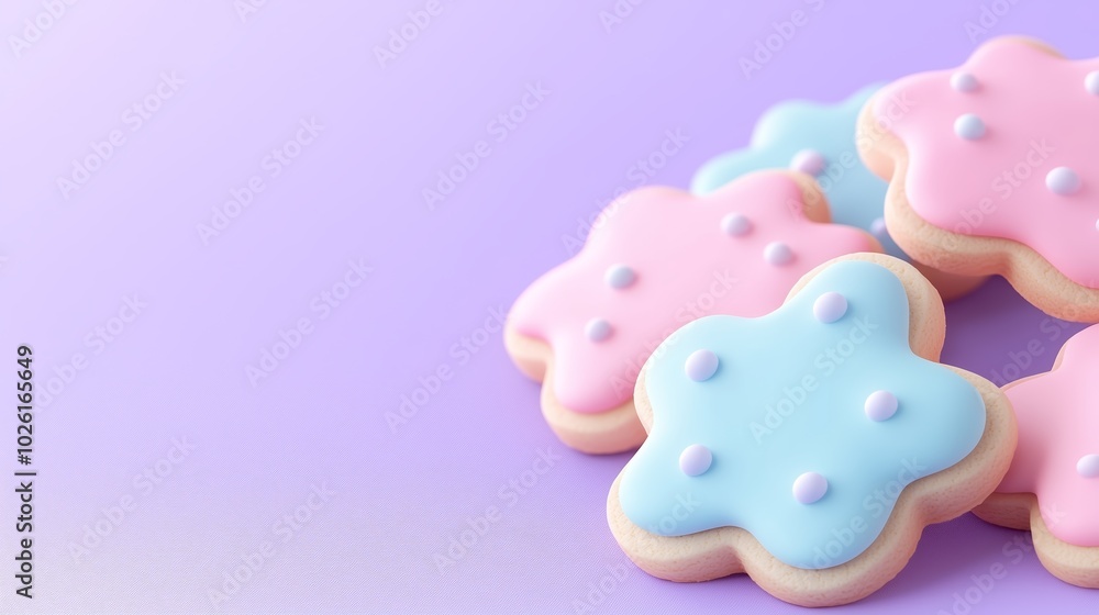 A close-up of pink and blue star-shaped cookies with white sprinkles on a pastel purple background.