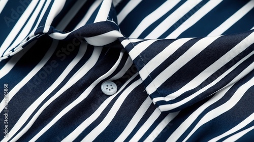 Close-up view of a blue and white vertically striped fabric shirt with a collar and a button visible, showcasing detailed textile design. photo