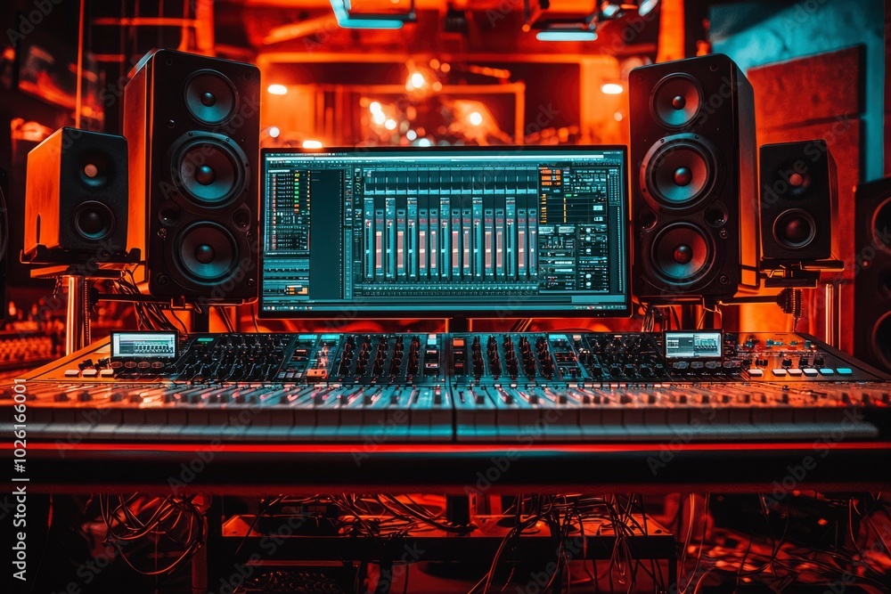 Music Studio Setup with Audio Mixer, Speakers, and Computer Monitor Music Studio Setup with Audio Mixer, Speakers, and Computer Monitor